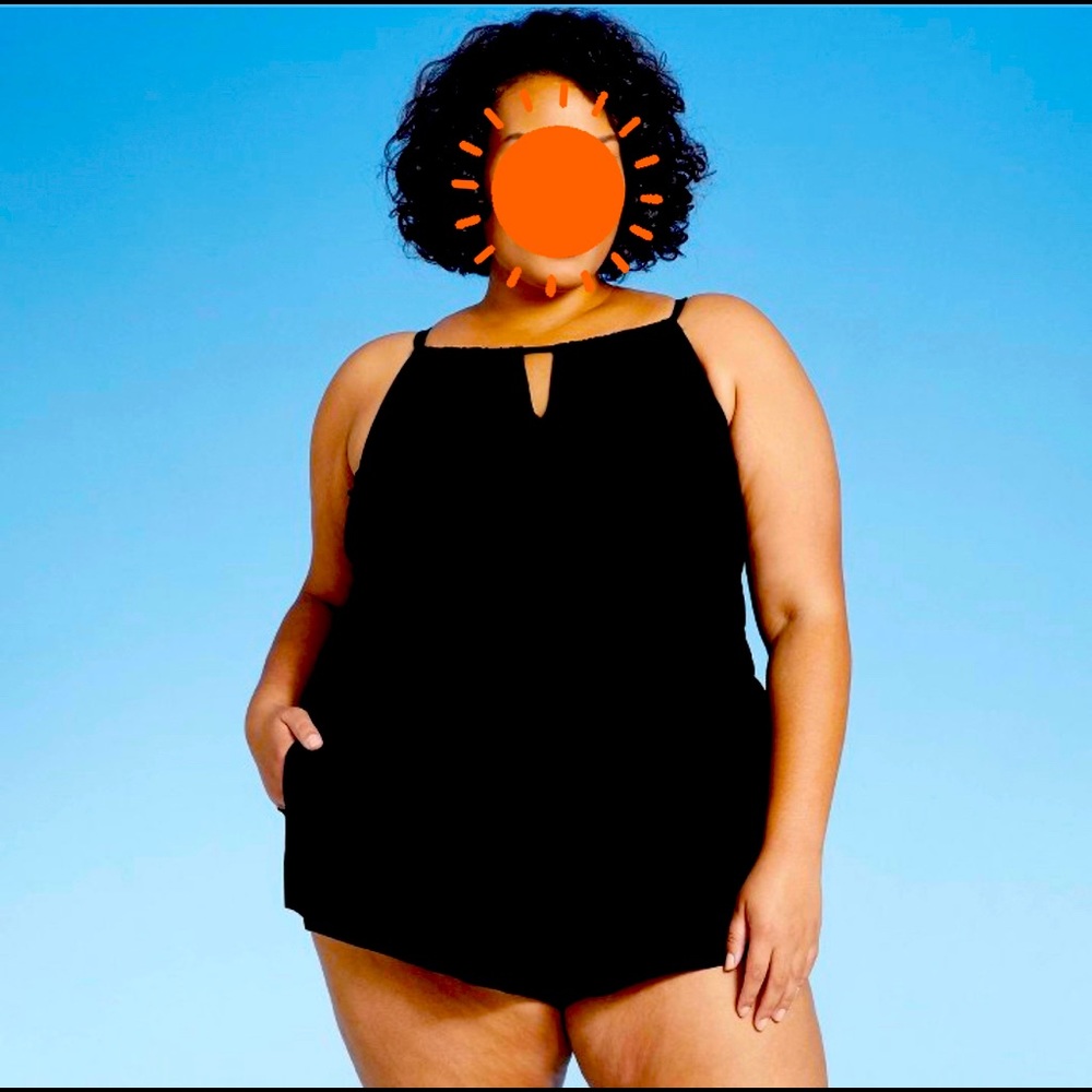Women’s plus size high neck swim romper w/ pockets.